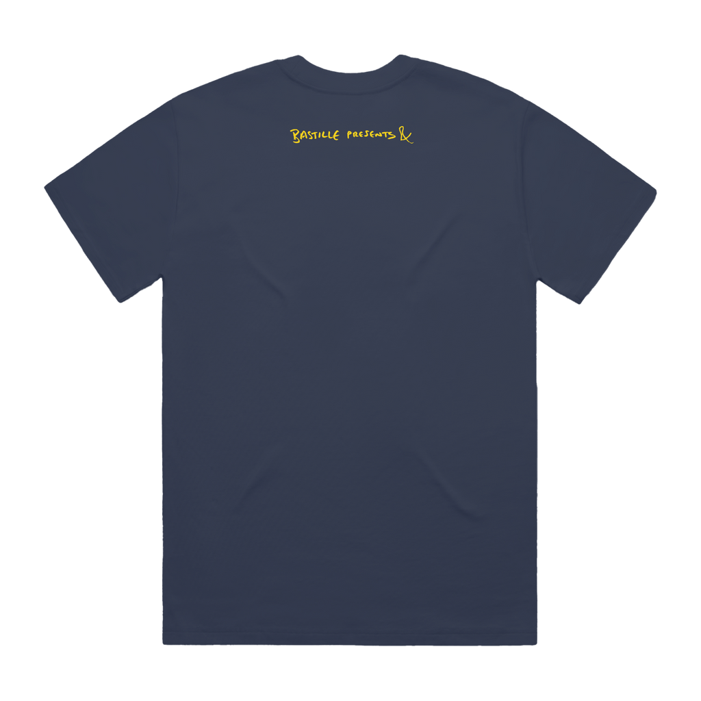 Navy blue t-shirt with 'Bastille Presents &' yellow text on the back 