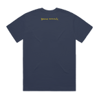 Navy blue t-shirt with 'Bastille Presents &' yellow text on the back 