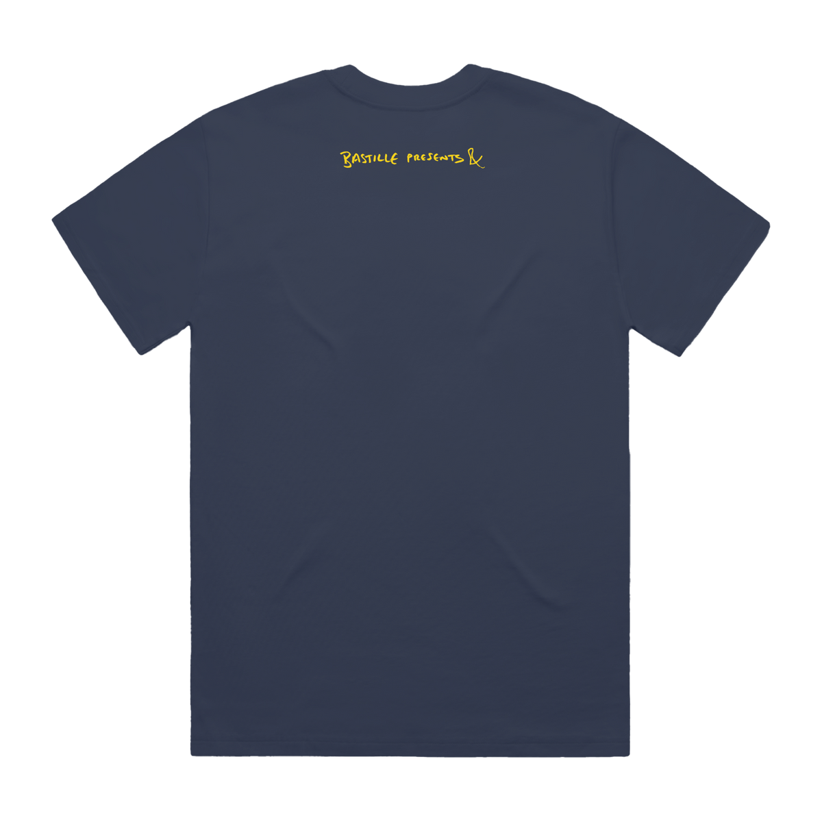 Navy blue t-shirt with 'Bastille Presents &' yellow text on the back 