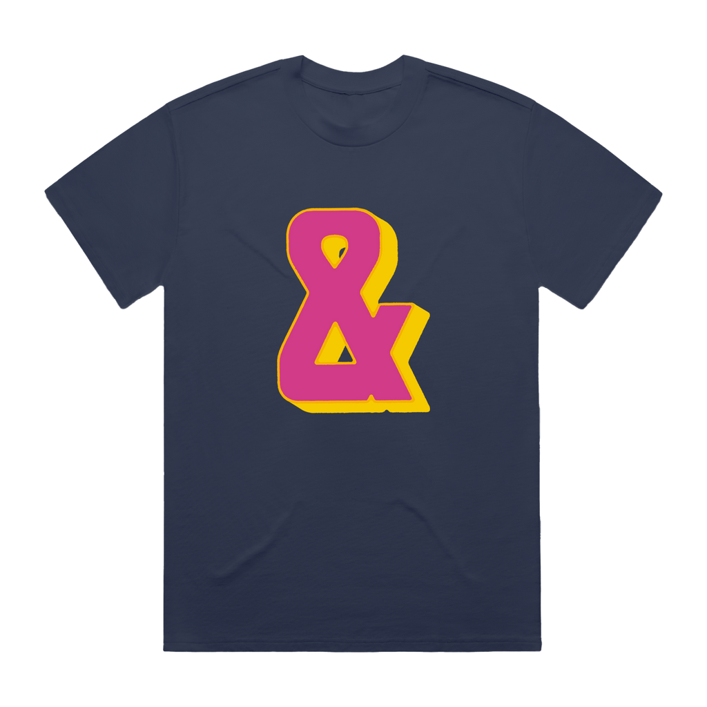 Navy blue t-shirt with a pink and yellow ampersand design on front