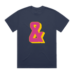 Navy blue t-shirt with a pink and yellow ampersand design on front